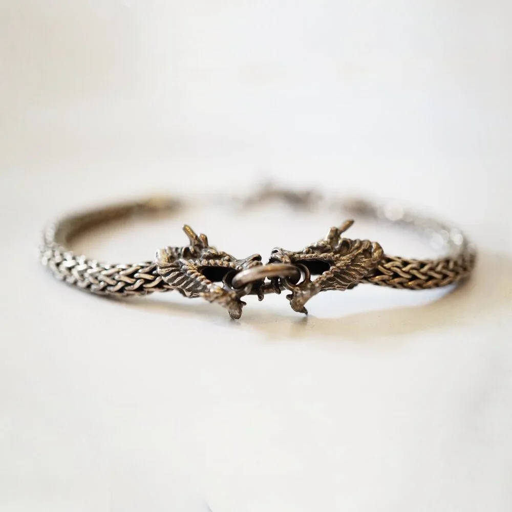 Sterling Silver Dragon Head Toggle Bracelet โ Vintage 925 Braided Mesh Chain - Picture 3 of 6